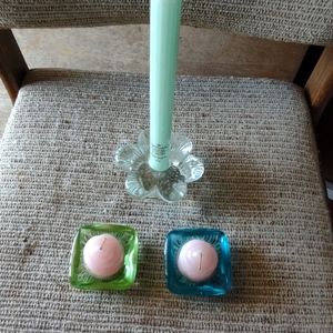 VINTAGE ASSORTED CANDLES HOLDERS WITH CANDLES.